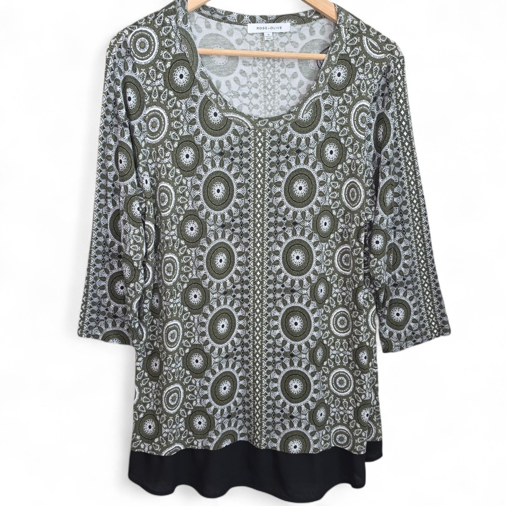 Rose & Olive Top Womens Plus 1X Green Scoop Neck Printed 3/4 Sleeve Tunic Casual